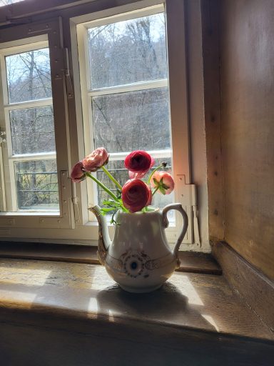 alte Teekanne die auf dem Fensterbrett in der Stube steht mit schönen Blumen