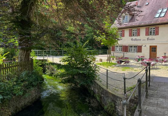 Ansicht vom hinteren Teil des Biergartens auf den Haupteingang